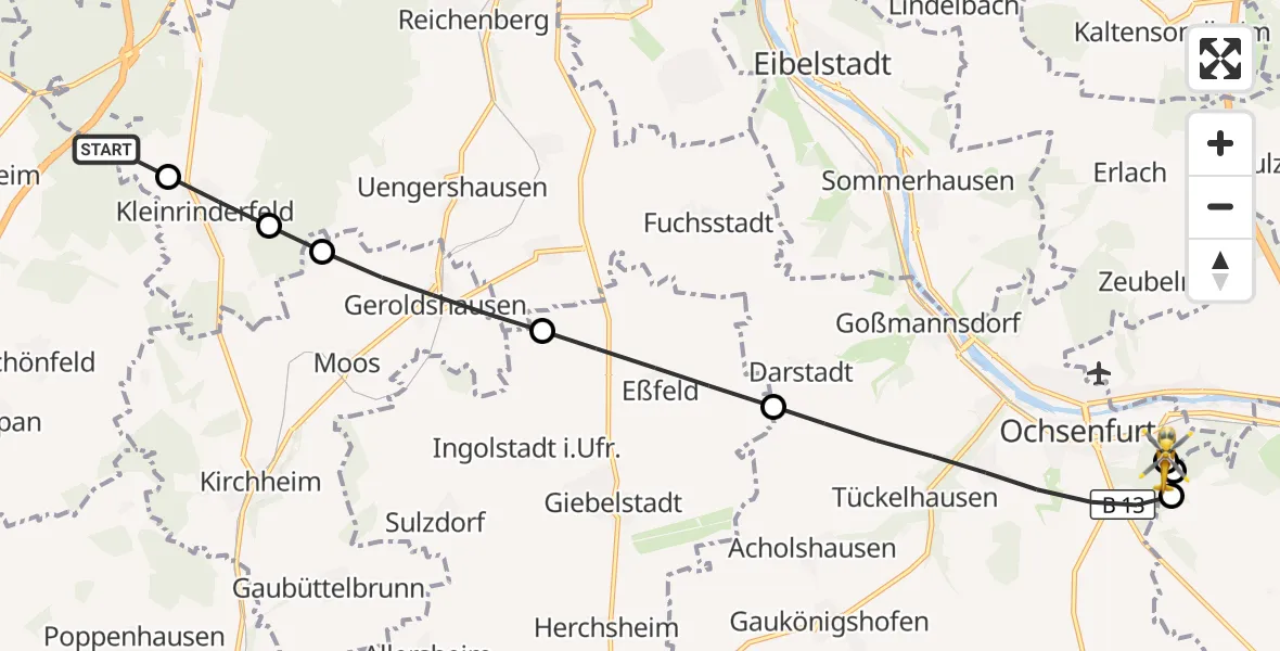 Flugroute Rettungshubschrauber Irtenberger Wald - Ochsenfurt Hospital, 19 August 2026, 06:42
