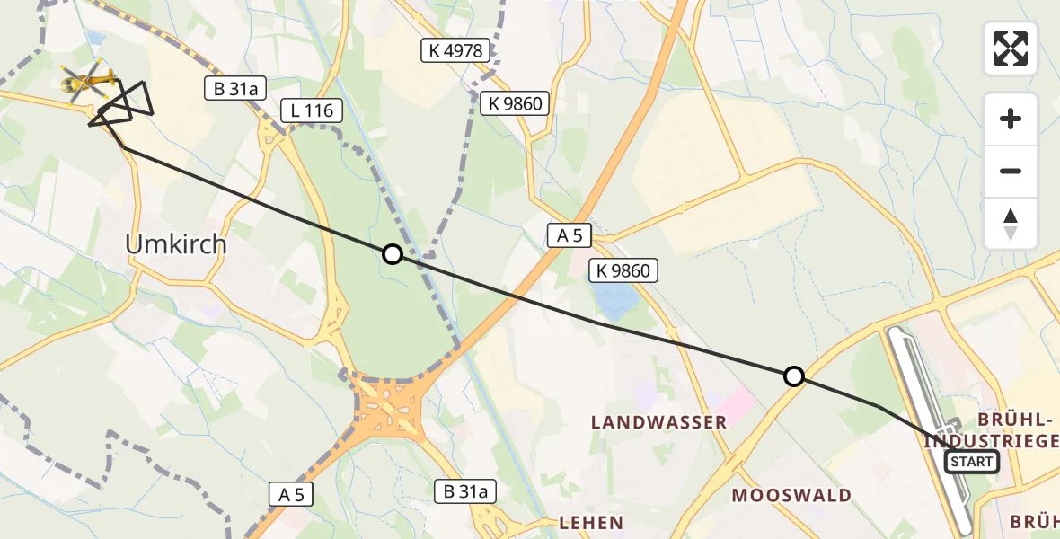 Flugroute Ambulanzhubschrauber Freiburg im Breisgau Flugplatz - Umkirch, 19 August 2026, 06:48
