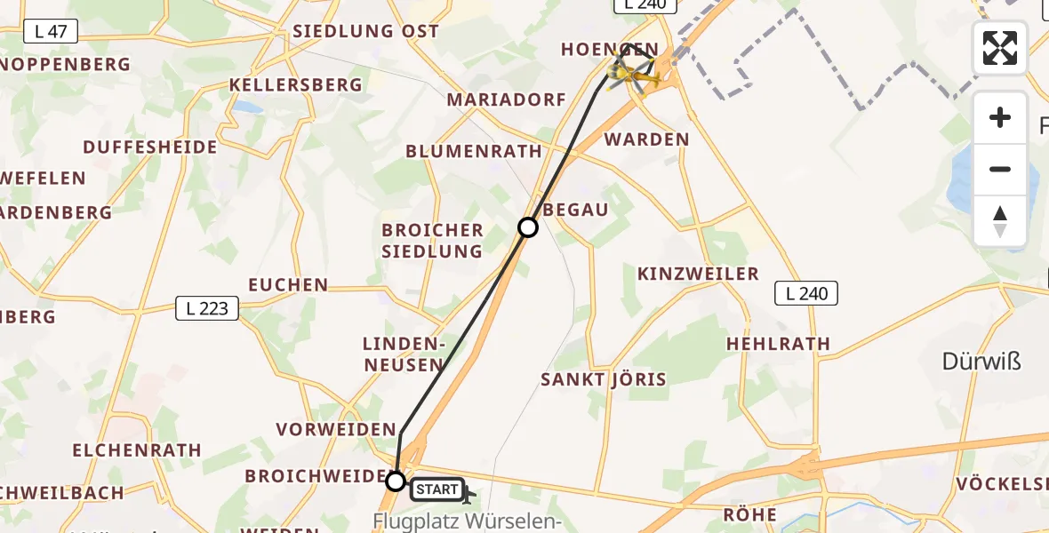 Flugroute Rettungshubschrauber Aachen-Merzbrück Flughafen - Alsdorf, 19 August 2026, 06:50