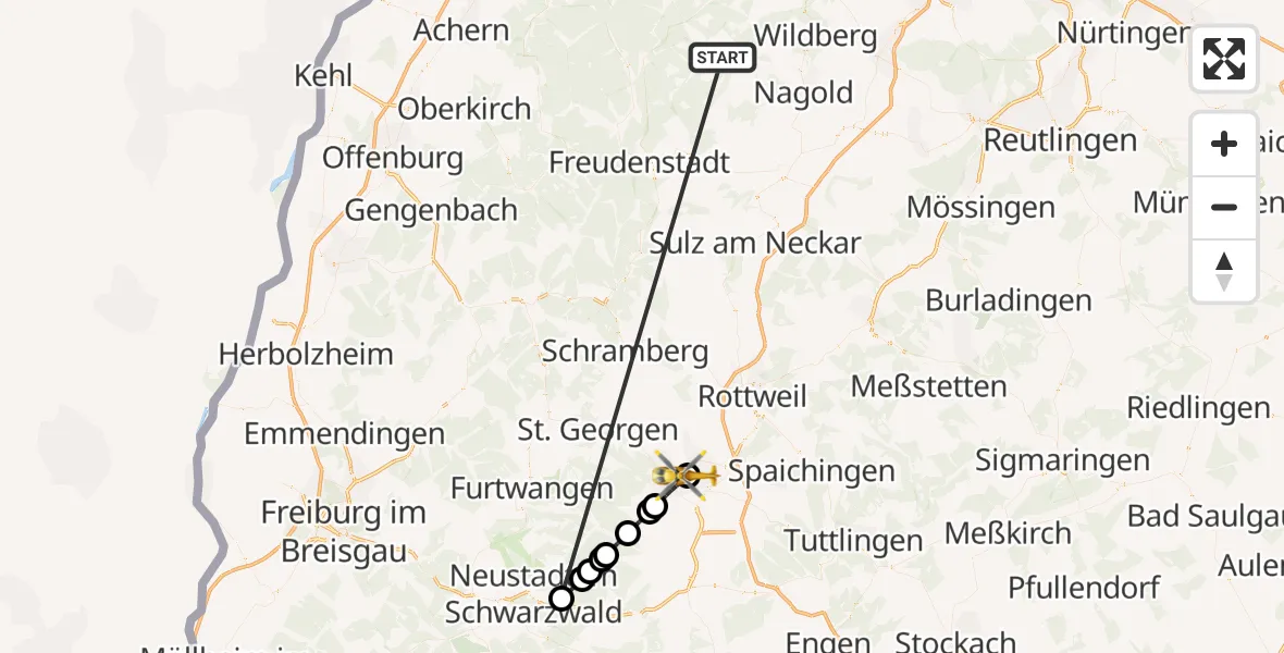 Flugroute Ambulanzhubschrauber Altensteig - DRF Air Rescue Station Villingen-Schwenningen Hubschrauberlandeplatz (Christoph 11), 19 August 2026, 06:57