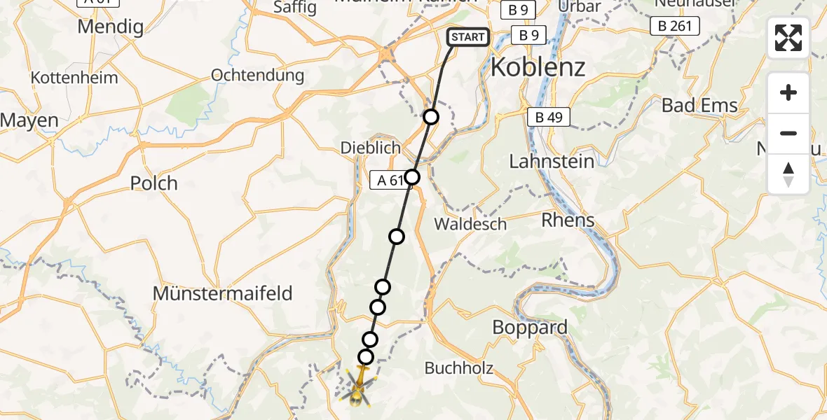 Flugroute Rettungshubschrauber Koblenz - Brodenbach, 19 August 2026, 06:59