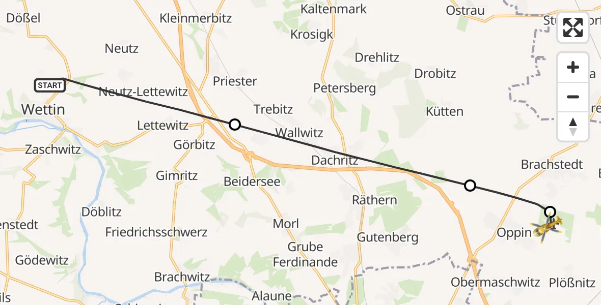 Flugroute Rettungshubschrauber Wettin-Löbejün - Halle-Oppin Flugplatz, 19 August 2026, 07:04