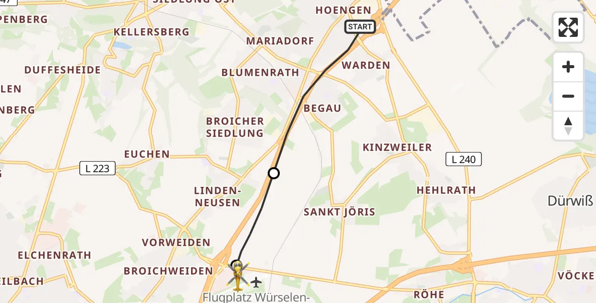 Flugroute Rettungshubschrauber Alsdorf - Aachen-Merzbrück Flughafen, 19 August 2026, 07:13
