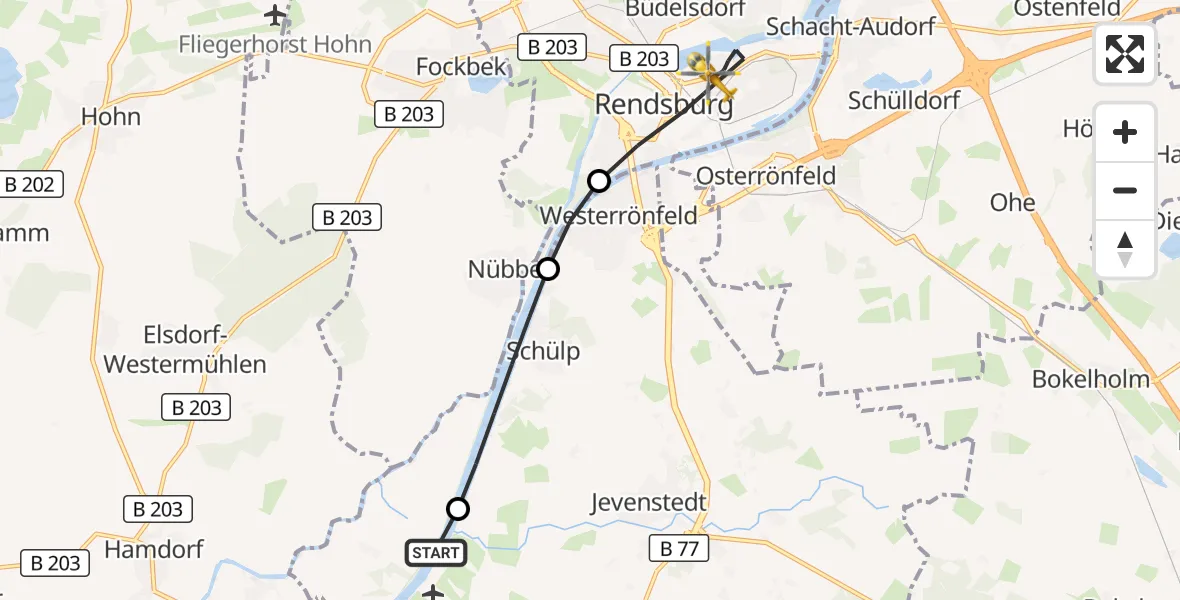 Flugroute Ambulanzhubschrauber Hörsten - Rendsburg, 19 August 2026, 07:15