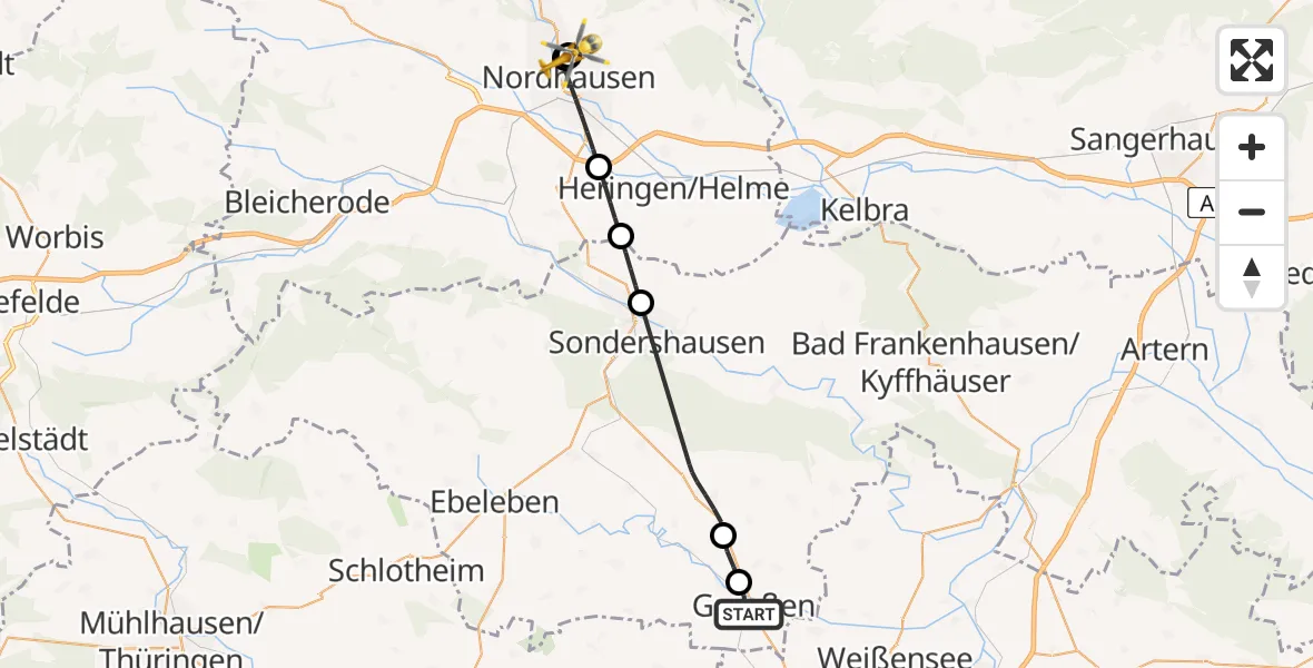 Flugroute Rettungshubschrauber Greußen - Südharz Hospital Nordhausen, 19 August 2026, 07:21