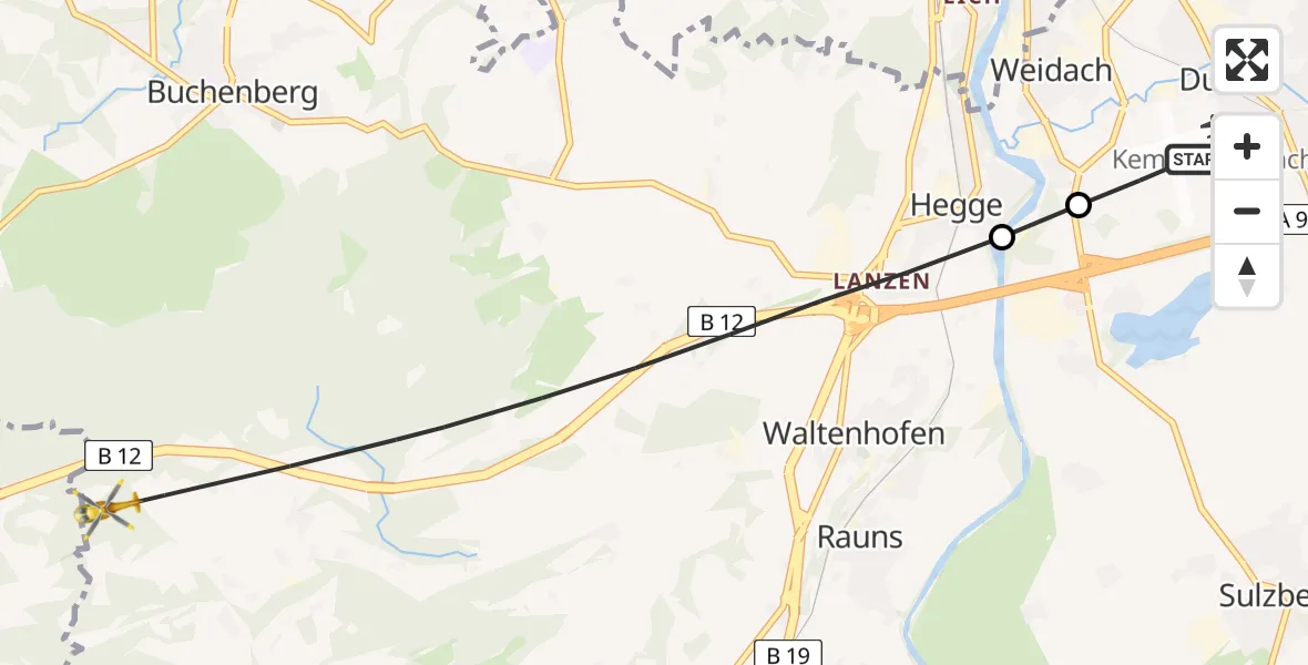 Flugroute Rettungshubschrauber Kempten-Durach Flugplatz - Waltenhofen, 19 August 2026, 07:23