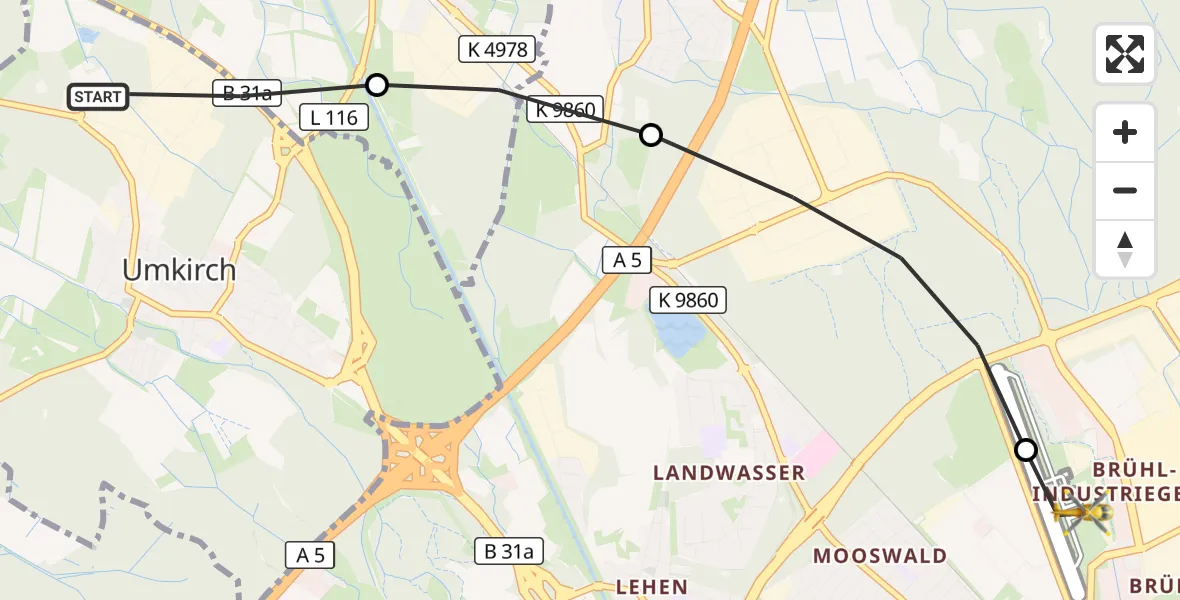 Flugroute Ambulanzhubschrauber Umkirch - Freiburg im Breisgau Flugplatz, 19 August 2026, 07:23