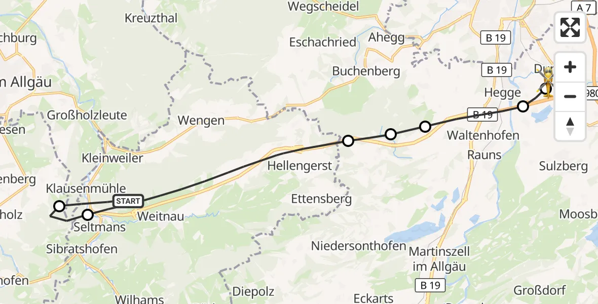 Flugroute Rettungshubschrauber Weitnau - Kempten-Durach Flugplatz, 19 August 2026, 07:30