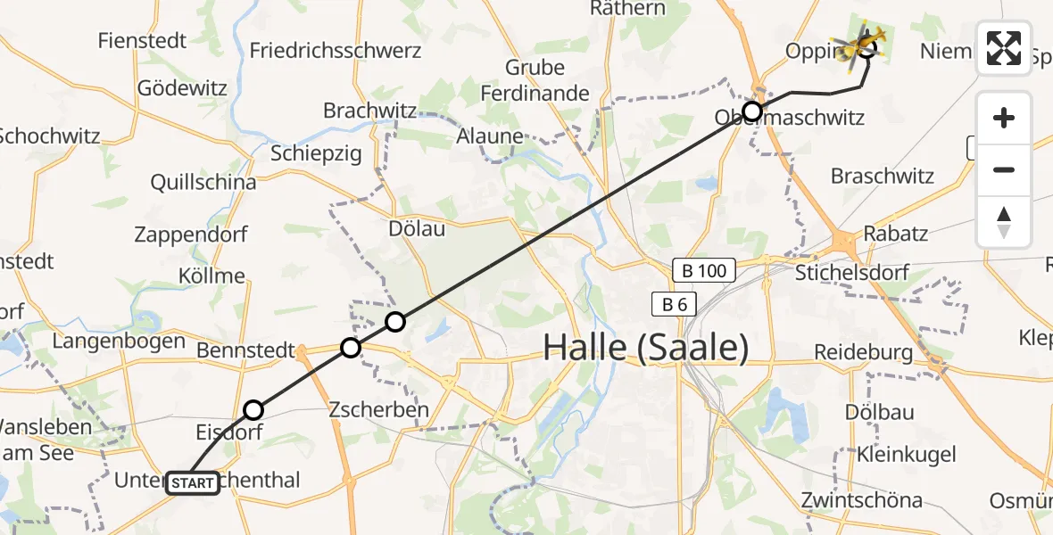 Flugroute Rettungshubschrauber Teutschenthal - Halle-Oppin Flugplatz, 19 August 2026, 07:36