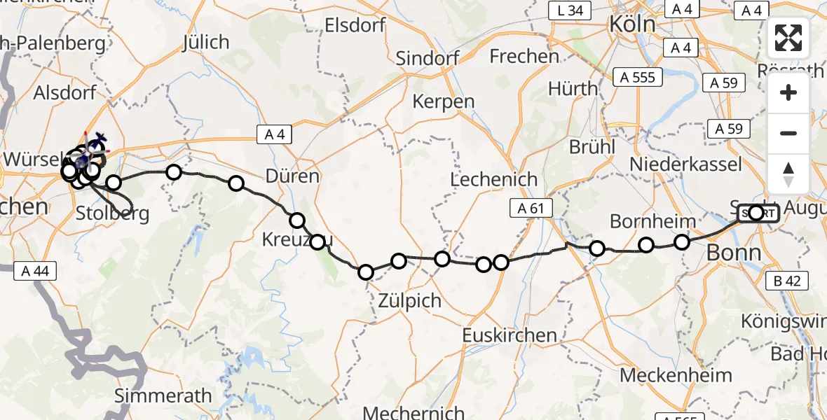 Flugroute Polizeihubschrauber Sankt Augustin - Würselen, 19 August 2026, 07:40