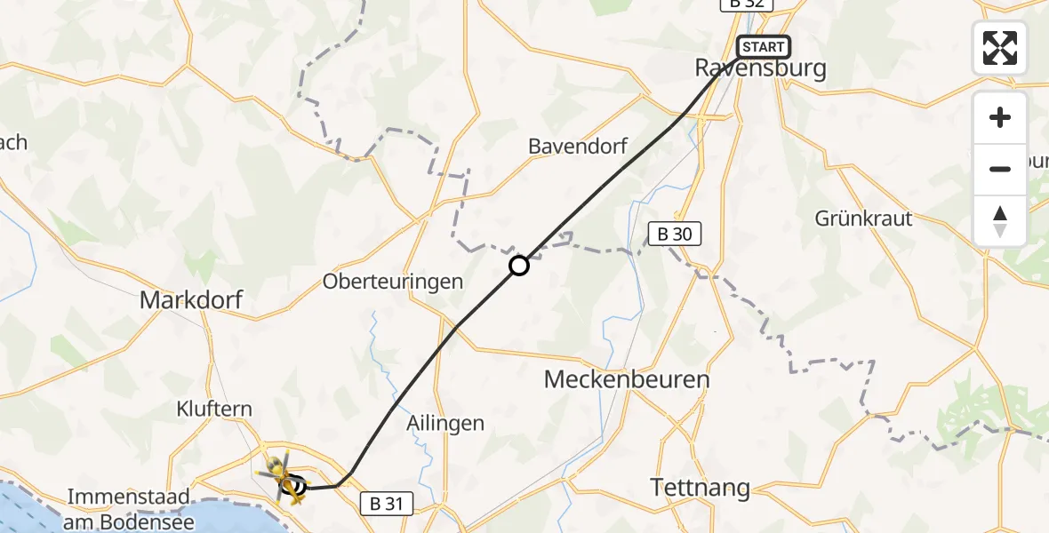 Flugroute Rettungshubschrauber Ravensburg - Friedrichshafen Hospital, 19 August 2026, 07:41