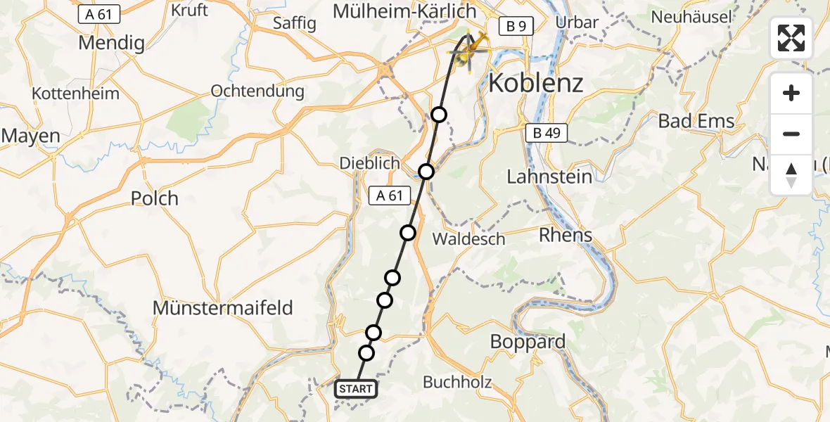 Flugroute Rettungshubschrauber Brodenbach - Koblenz, 19 August 2026, 07:41