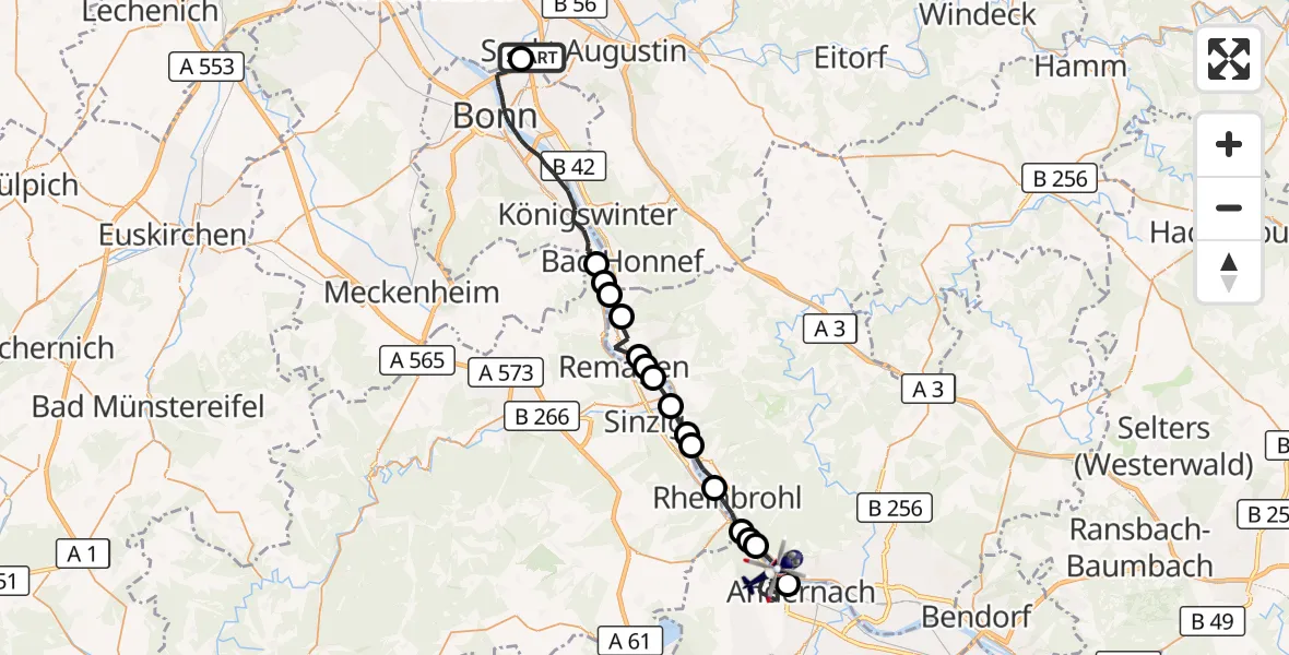 Flugroute Polizeihubschrauber Sankt Augustin - Andernach, 19 August 2026, 07:45