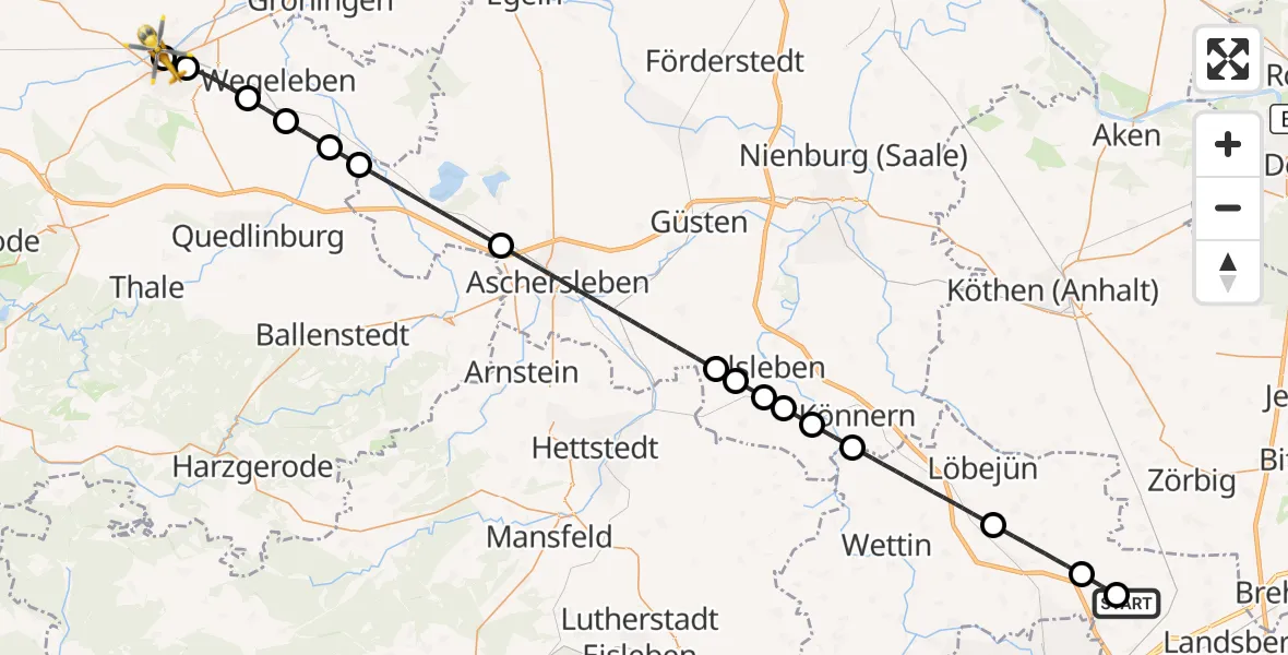 Flugroute Rettungshubschrauber Halle-Oppin Flugplatz - AMEOS Hospital Sankt Salvator Halberstadt, 19 August 2026, 07:46