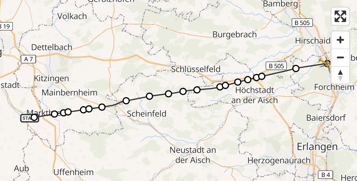 Flugroute Rettungshubschrauber Ochsenfurt Hospital - Eggolsheim, 19 August 2026, 07:48