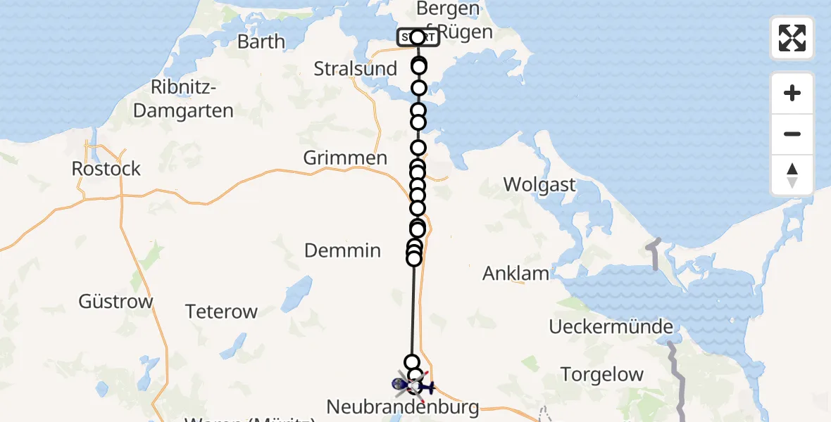 Flugroute Polizeihubschrauber Rügen Flughafen - Neubrandenburg Trollenhagen Flughafen, 19 August 2026, 08:00