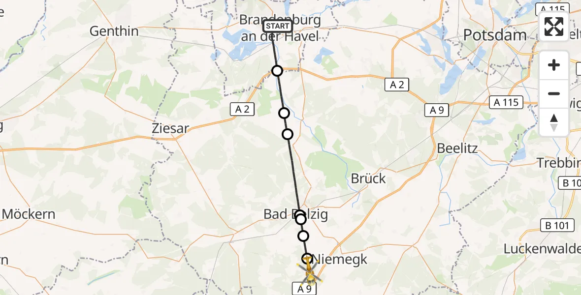 Flugroute Rettungshubschrauber Brandenburg an der Havel - Rabenstein/Fläming, 19 August 2026, 08:06