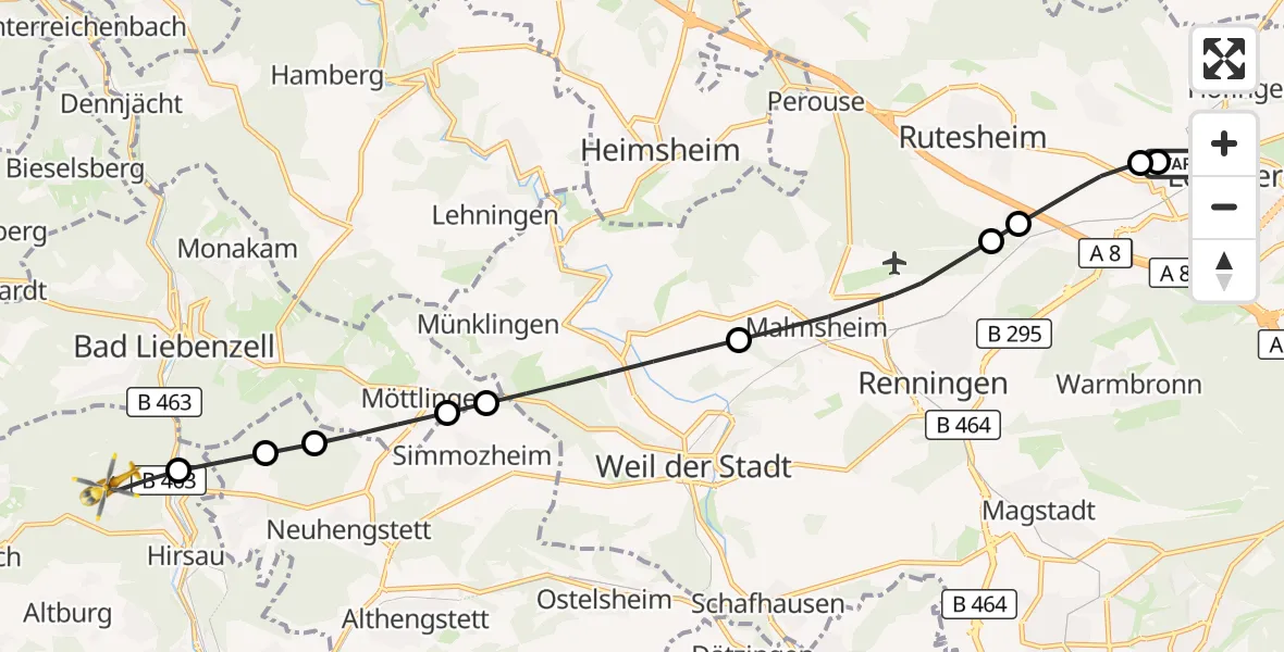 Flugroute Rettungshubschrauber Leonberg Hospital - Calw, 19 August 2026, 08:07