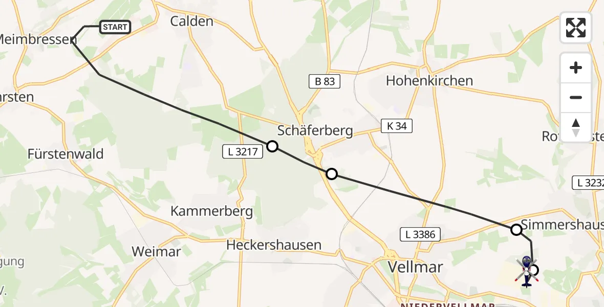 Flugroute Polizeihubschrauber Calden - Fuldatal Bundespolizei Hubschrauberlandeplatz, 19 August 2026, 08:10
