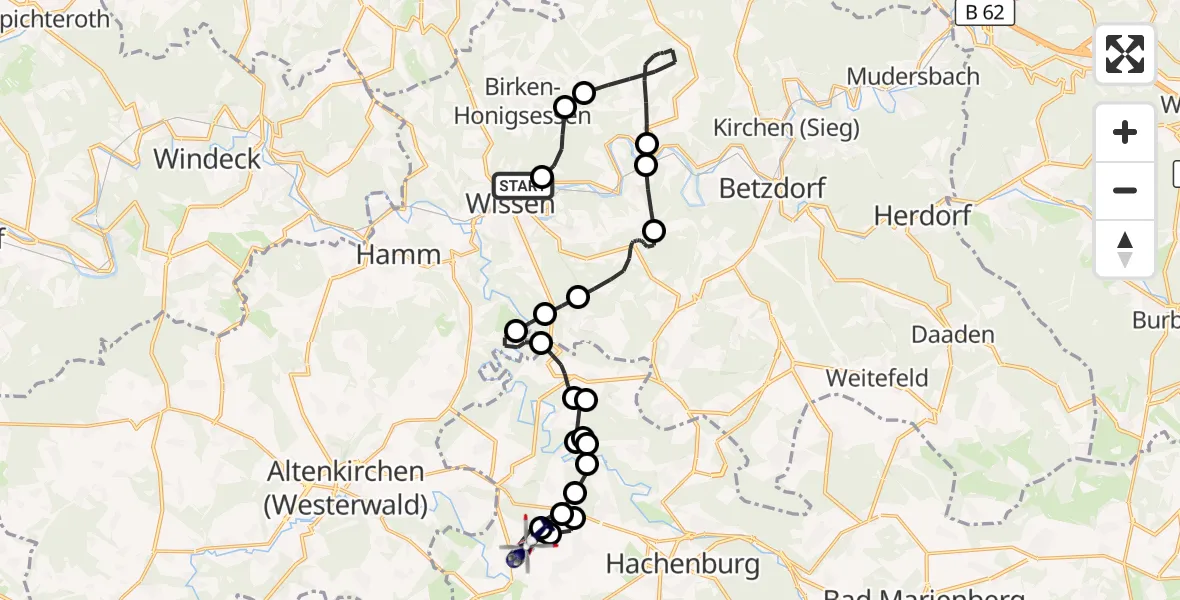 Flugroute Polizeihubschrauber Wissen - Mudenbach, 19 August 2026, 08:29