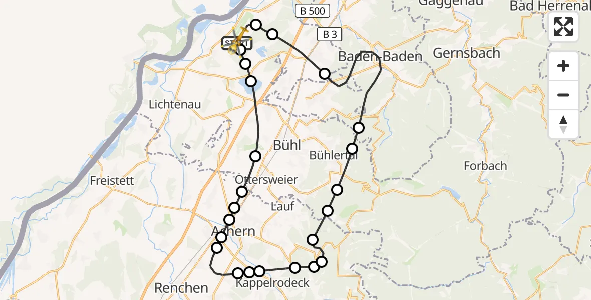 Flugroute Rettungshubschrauber Karlsruhe Baden-Baden Flughafen - Karlsruhe Baden-Baden Flughafen, 19 August 2026, 08:29