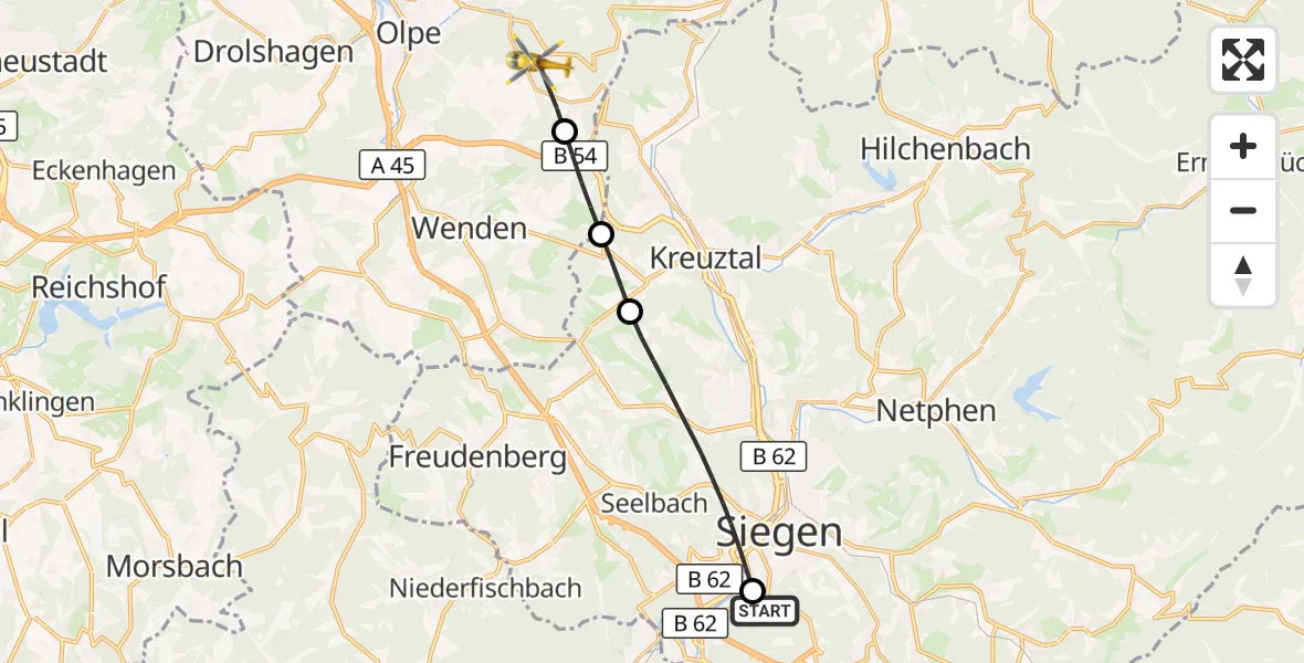 Flugroute Rettungshubschrauber Evangelisches Jung-Stilling Hospital - Olpe, 19 August 2026, 08:30