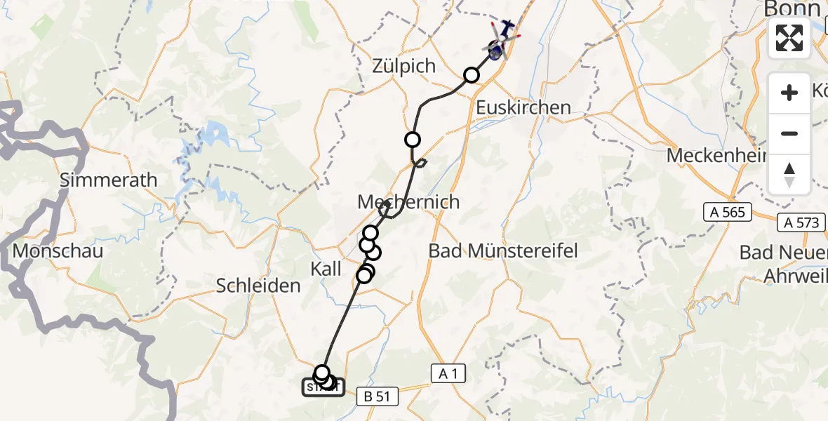 Flugroute Polizeihubschrauber Hellenthal - Zülpich, 19 August 2026, 08:37