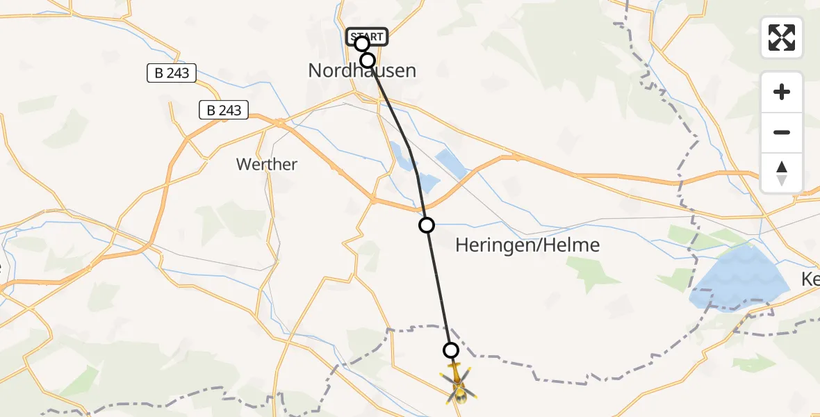 Flugroute Rettungshubschrauber Südharz Hospital Nordhausen - Sondershausen, 19 August 2026, 08:44