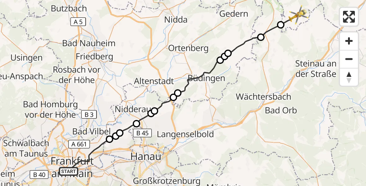 Flugroute Rettungshubschrauber Frankfurt am Main - Freiensteinau, 19 August 2026, 08:45