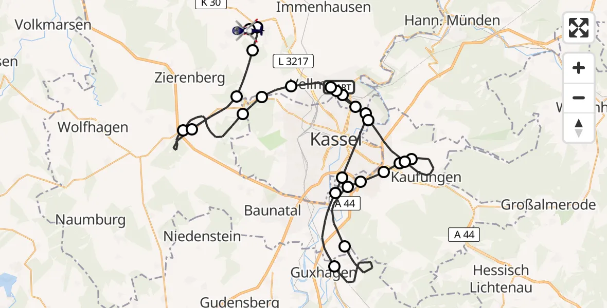Flugroute Polizeihubschrauber Fuldatal Bundespolizei Hubschrauberlandeplatz - Calden, 19 August 2026, 08:55