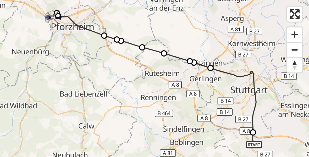 Flugroute Polizeihubschrauber Flughafen Stuttgart - Pforzheim, 19 August 2026, 08:56