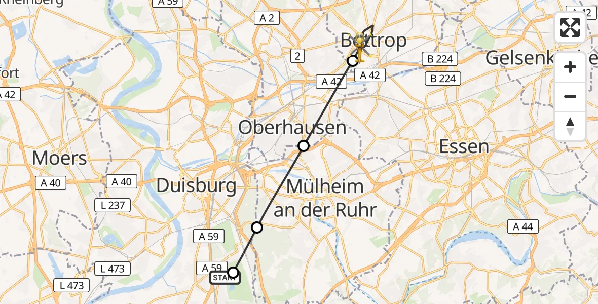 Flugroute Rettungshubschrauber Duisburg Air Rescue Hubschrauberlandeplatz (Christoph 9) - Bottrop, 19 August 2026, 08:59