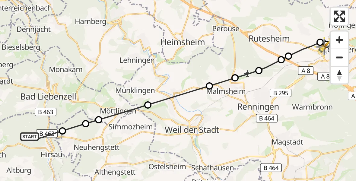 Flugroute Rettungshubschrauber Calw - Leonberg Hospital, 19 August 2026, 09:02