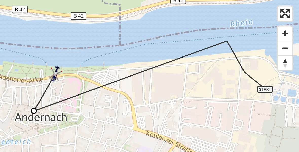 Flugroute Polizeihubschrauber Andernach - Sankt-Nikolaus Diocesan Hospital, 19 August 2026, 09:07