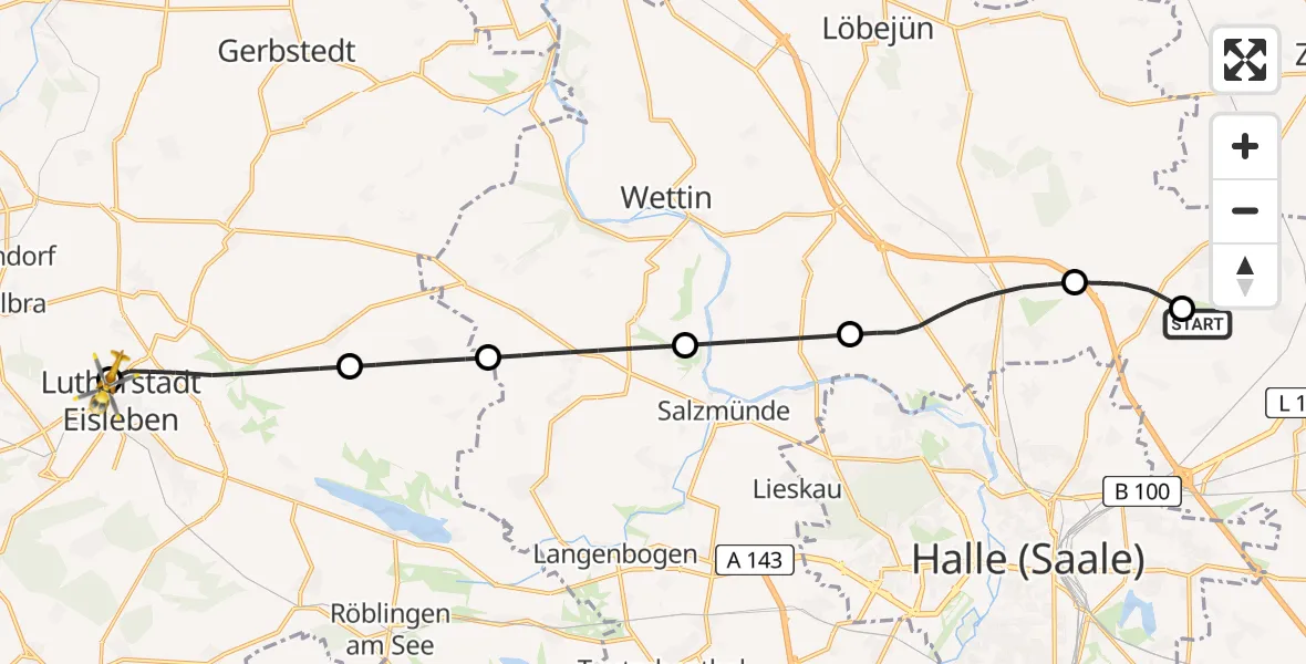 Flugroute Rettungshubschrauber Halle-Oppin Flugplatz - Helios Hospital Lutherstadt Eisleben, 19 August 2026, 09:09