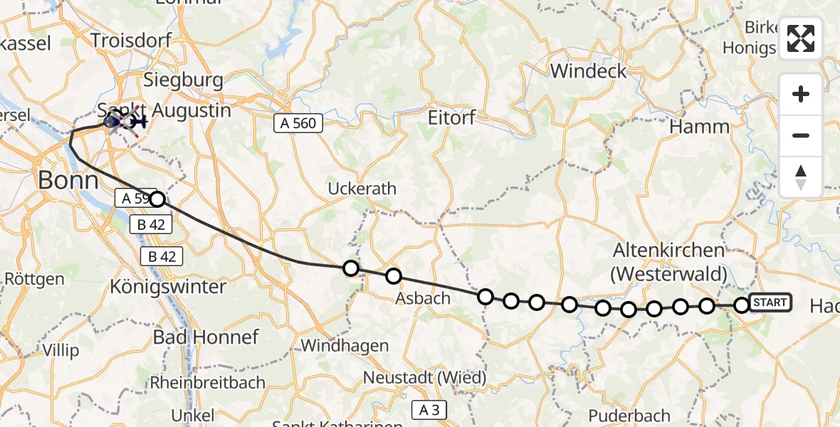 Flugroute Polizeihubschrauber Mudenbach - Sankt Augustin, 19 August 2026, 09:10