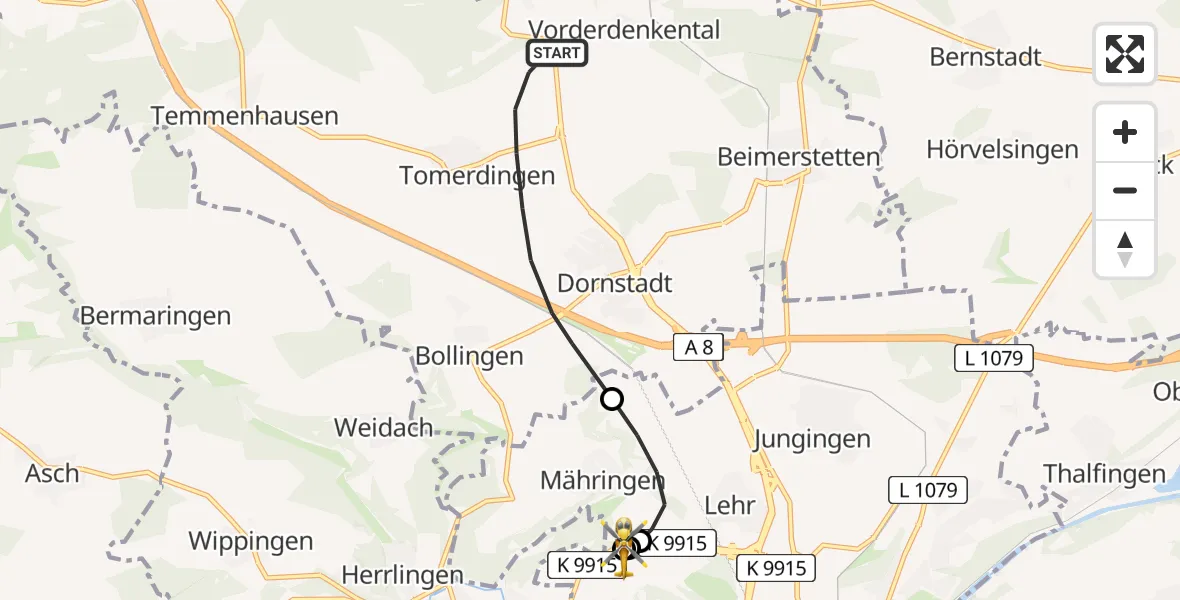 Flugroute Rettungshubschrauber Dornstadt - ADAC Air Rescue Station Ulm (Christoph 22), 19 August 2026, 09:12