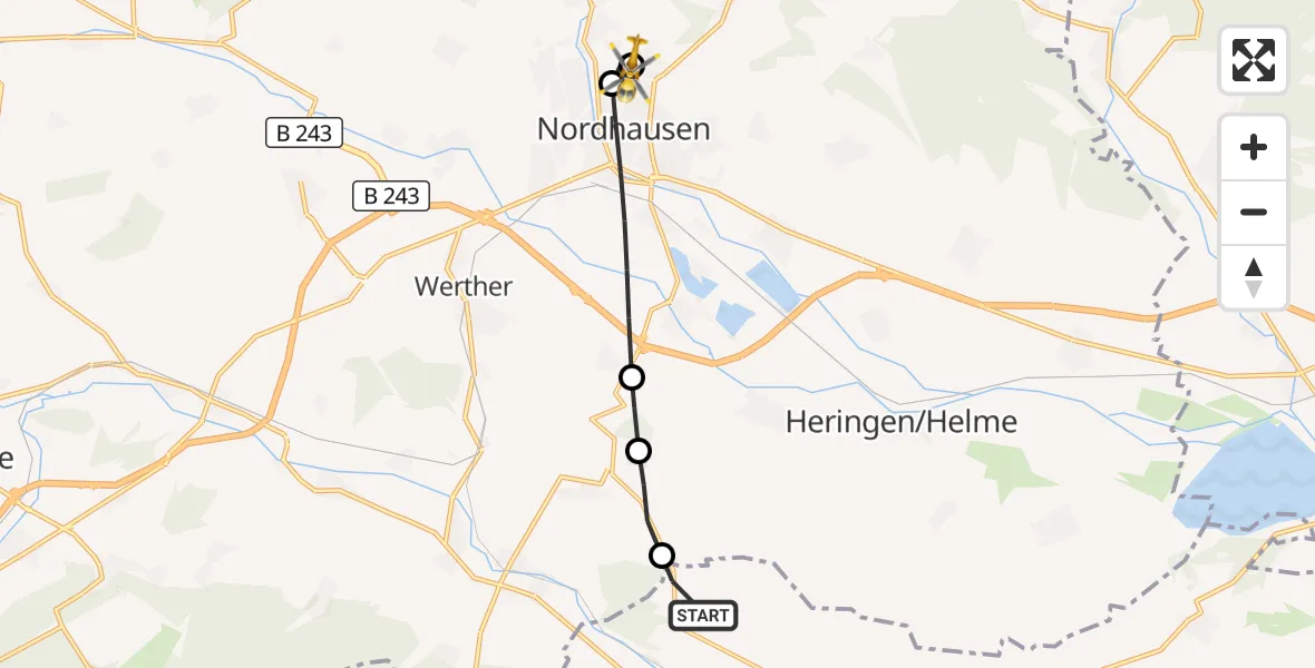 Flugroute Rettungshubschrauber Sondershausen - Südharz Hospital Nordhausen, 19 August 2026, 09:14