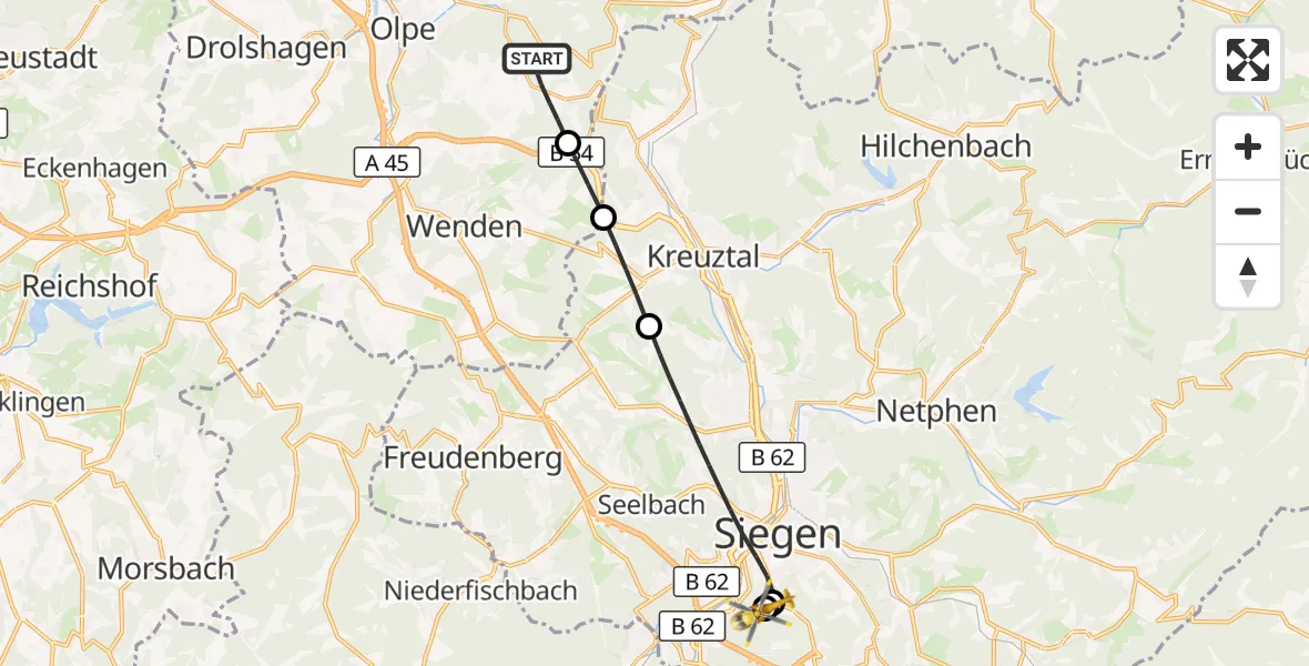 Flugroute Rettungshubschrauber Olpe - Evangelisches Jung-Stilling Hospital, 19 August 2026, 09:18