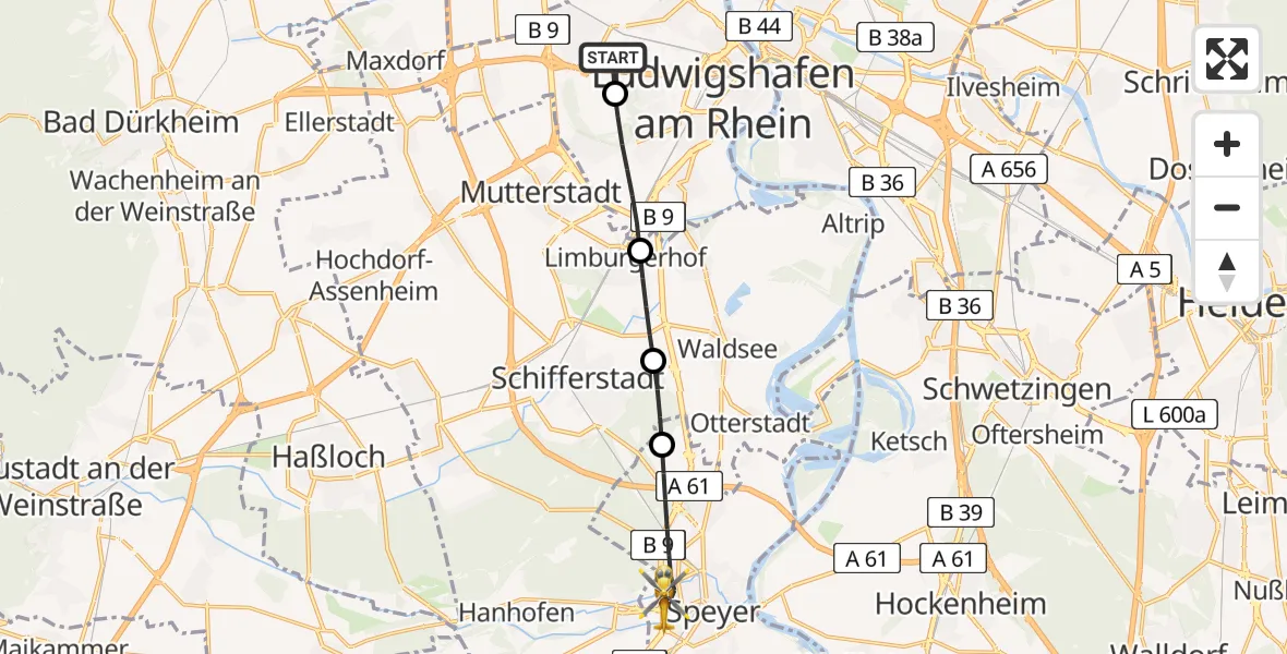 Flugroute Rettungshubschrauber Ludwigshafen Accident Hospital - Speyer, 19 August 2026, 09:20