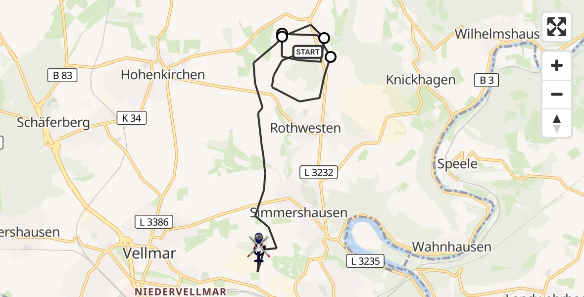Flugroute Polizeihubschrauber Fuldatal - Fuldatal Bundespolizei Hubschrauberlandeplatz, 19 August 2026, 09:25