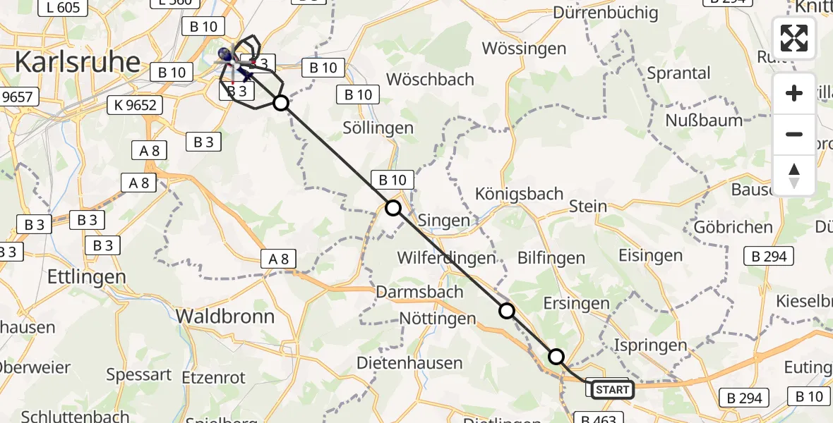 Flugroute Polizeihubschrauber Pforzheim - Karlsruhe, 19 August 2026, 09:26