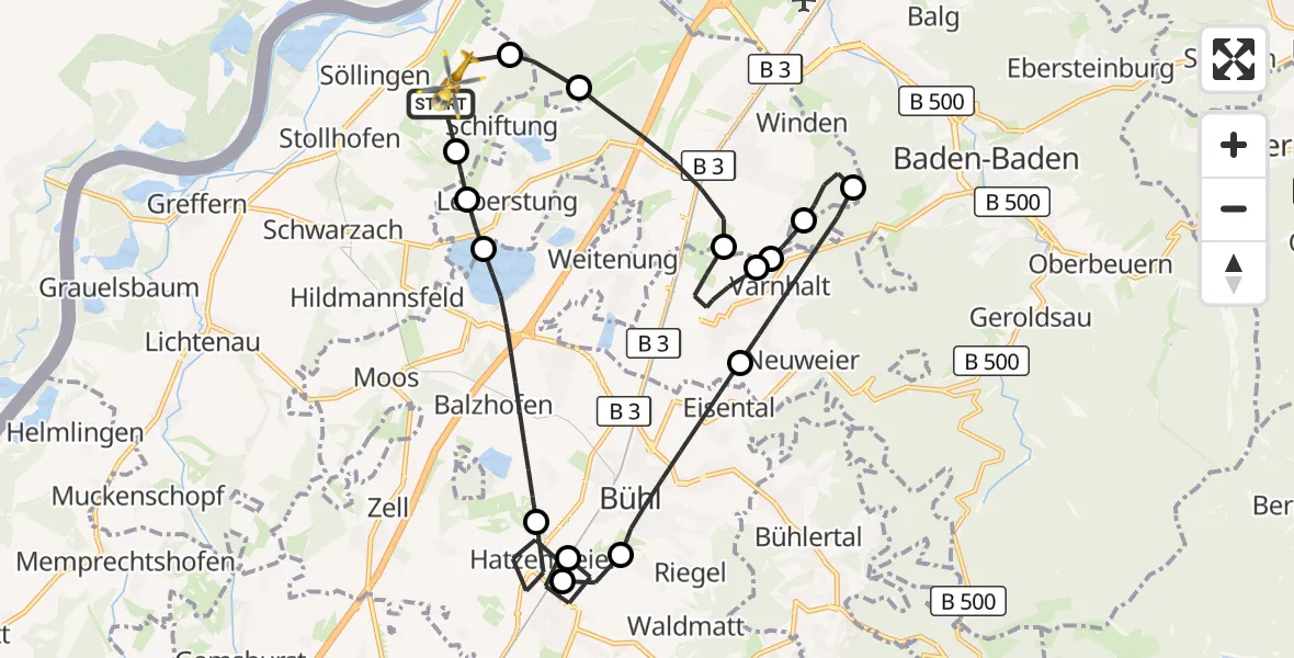 Flugroute Rettungshubschrauber Karlsruhe Baden-Baden Flughafen - Karlsruhe Baden-Baden Flughafen, 19 August 2026, 09:28