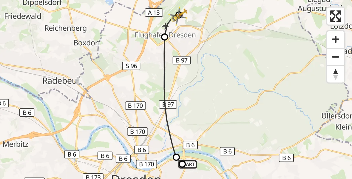 Flugroute Rettungshubschrauber Dresden University Hospital - Dresden Bundespolizei Hubschrauberlandeplatz, 19 August 2026, 09:39