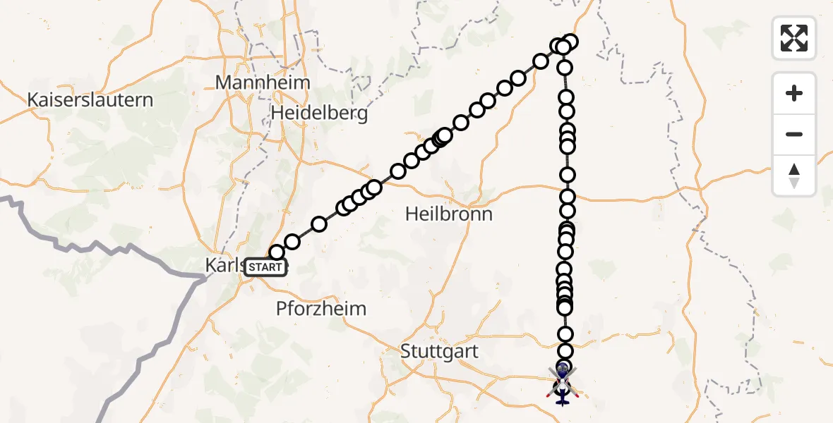 Flugroute Polizeihubschrauber Karlsruhe - Göppingen, 19 August 2026, 09:41