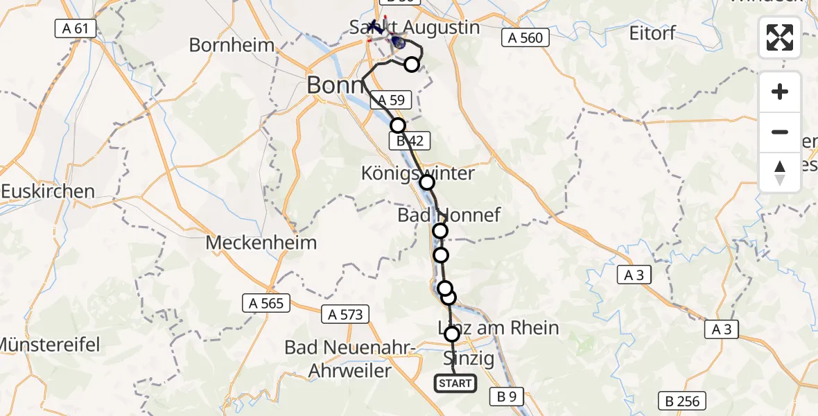Flugroute Polizeihubschrauber Sinzig - Bonn-Hangelar Flugplatz, 19 August 2026, 09:42