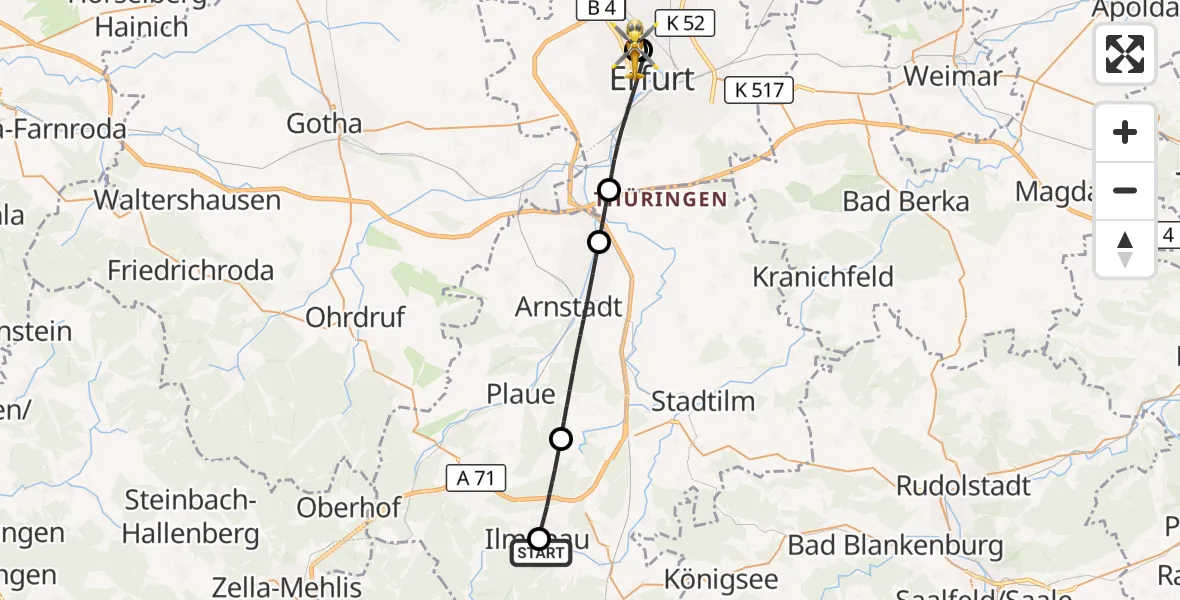 Flugroute Rettungshubschrauber Ilm-Kreis-Kliniken Arnstadt-Ilmenau Hubschrauberlandeplatz - Helios Clinic Erfurt, 19 August 2026, 09:44