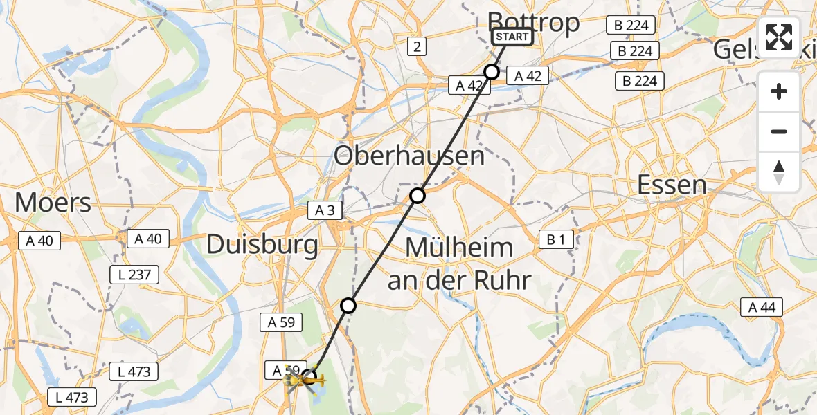 Flugroute Rettungshubschrauber Bottrop - Duisburg Air Rescue Hubschrauberlandeplatz (Christoph 9), 19 August 2026, 09:45