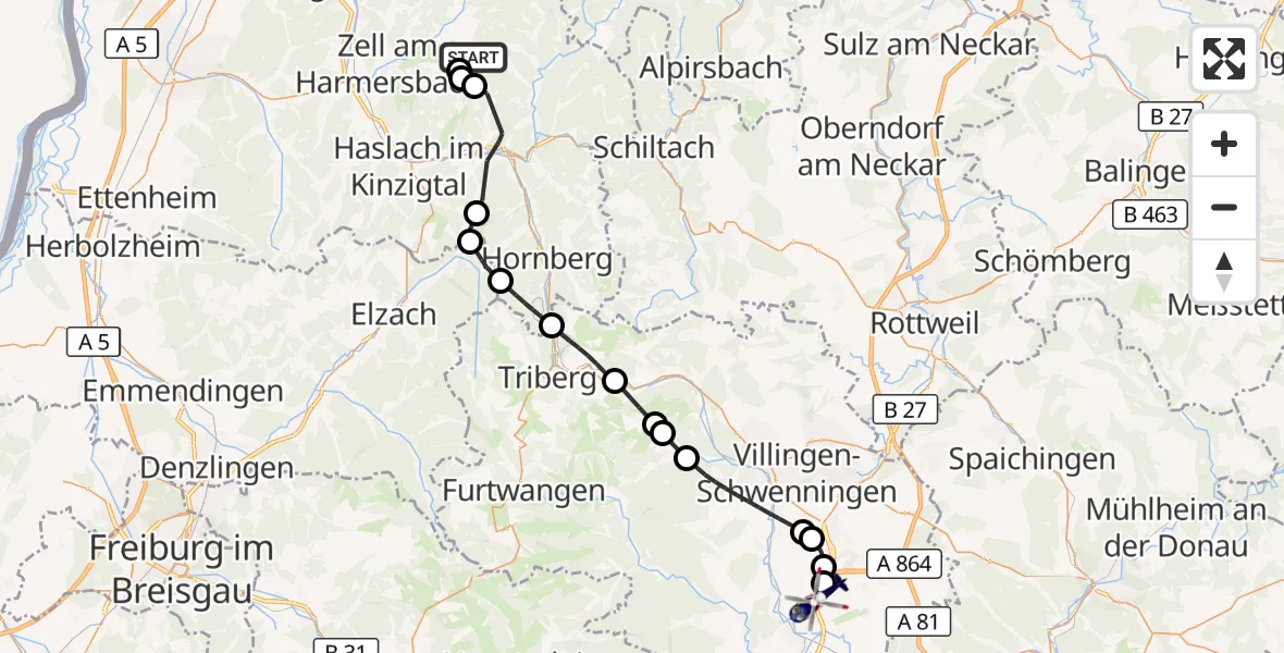 Flugroute Polizeihubschrauber Oberharmersbach - Donaueschingen-Villingen Flugplatz, 19 August 2026, 09:51