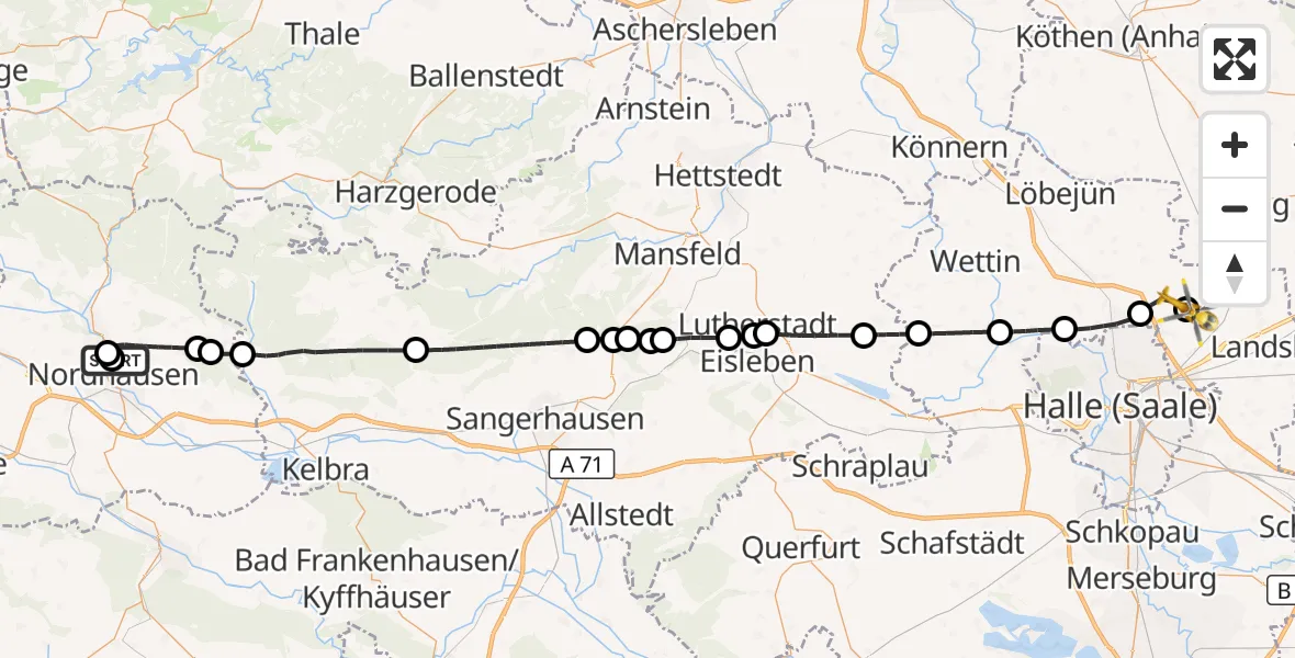 Flugroute Rettungshubschrauber Südharz Hospital Nordhausen - Halle-Oppin Flugplatz, 19 August 2026, 09:54
